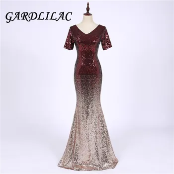 

Saudi Arabic Gradient Sequins Mermaid Evening Dress Long V-Neck Elegant Women Short Sleeve Formal Dress Party Prom Dresses G0127