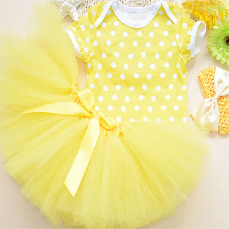 3PCs per Set Baby Girl Yellow Polka Dots Tutu Set Infant Romper Bubble