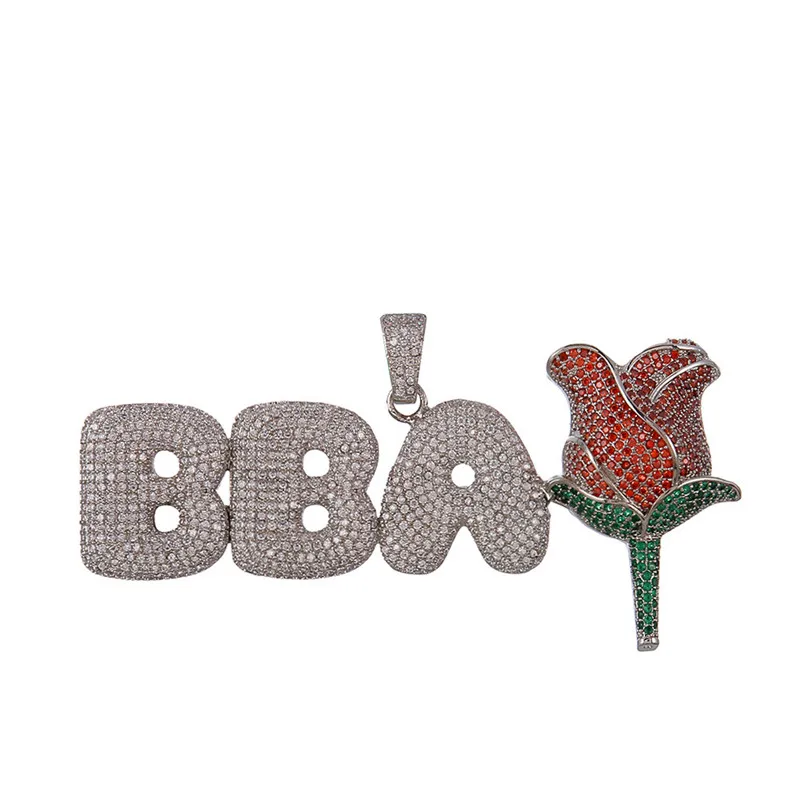 

Hip Hop Jewelry Custom letters & Rose Iced Out Pendant Necklace For Men Women Gifts New Arrival Micro Pave Zircon Necklace