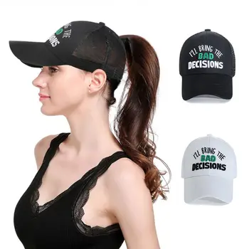 

Womens Summer Ponytail Messy Bun Baseball Cap Letters I'll Bring The Bad Decisions Embroidered Mesh Back Adjustable Hip-Hop Hat