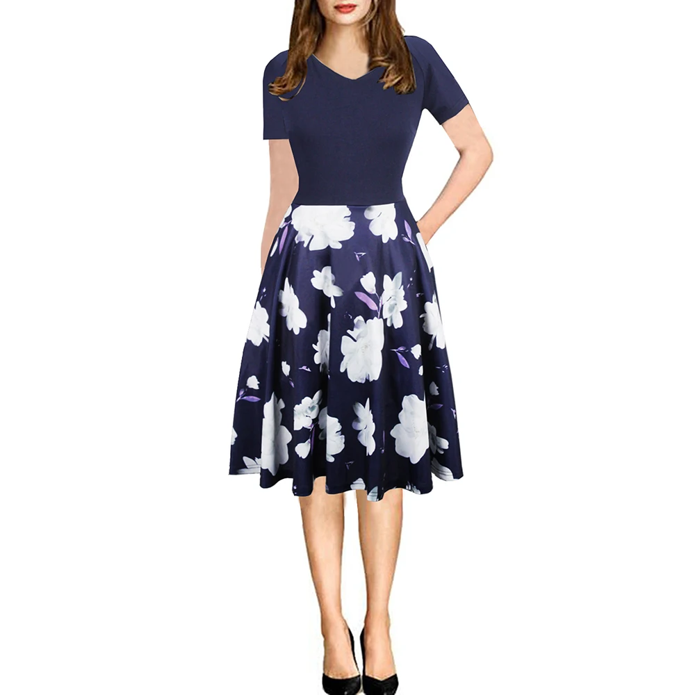 Women Elegant Vintage V neck Short Sleeve Midi Office Dress Floral