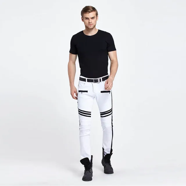 Autumn Hot Male Cotton Jeans White Stitching Washed Denim Pants England Style Straight Stripes