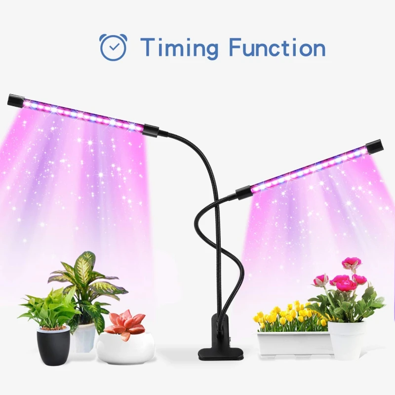 

Grow Light Adjustable Gooseneck Dual Head Timing 9 Dimmable Levels 3 Switch Modes for Garden Plants with Red Blue Spectrum LEDs