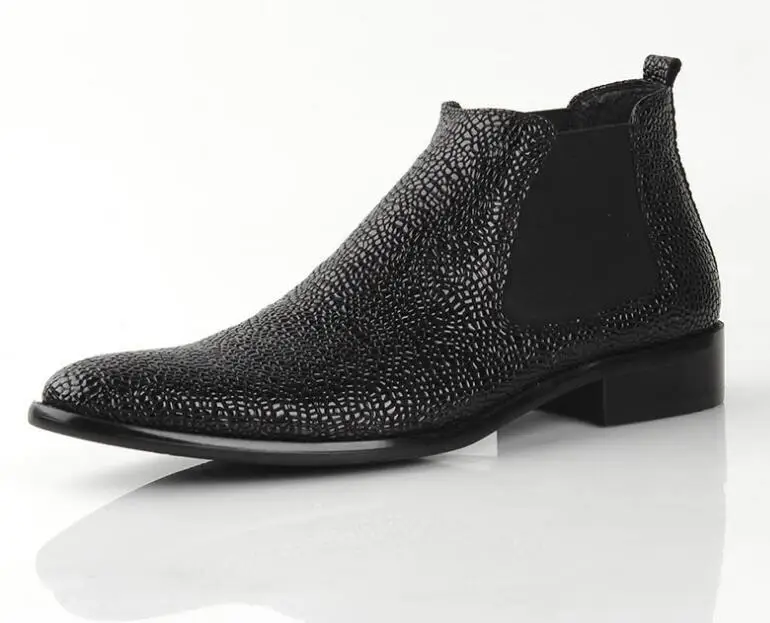 Bottes Talon Cuir Slip On Casual Robe Cheville Bande Black Med De Noir Orteils Pointés Top Chaussures Véritable High Élastique Hommes v0mwNn8O