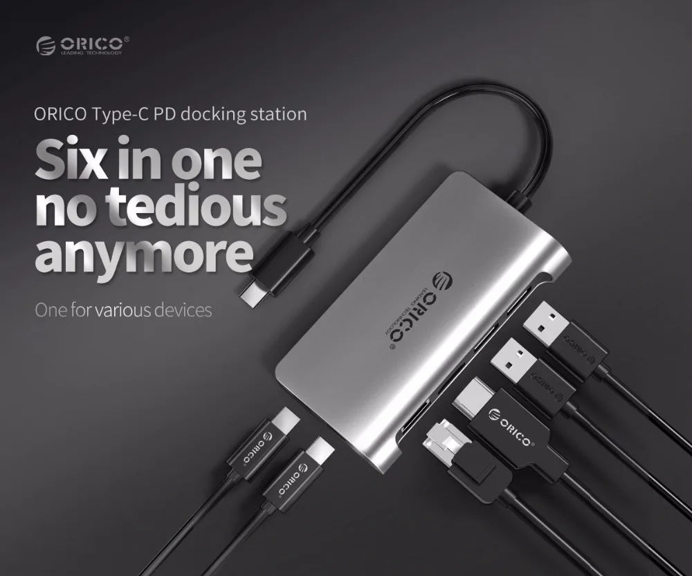 ORICO usb-хаб из алюминиевого сплава type-C концентратор USB C для HDMI/type-C/USB3.0/RJ45/PD зарядный концентратор USB3.0 концентратор