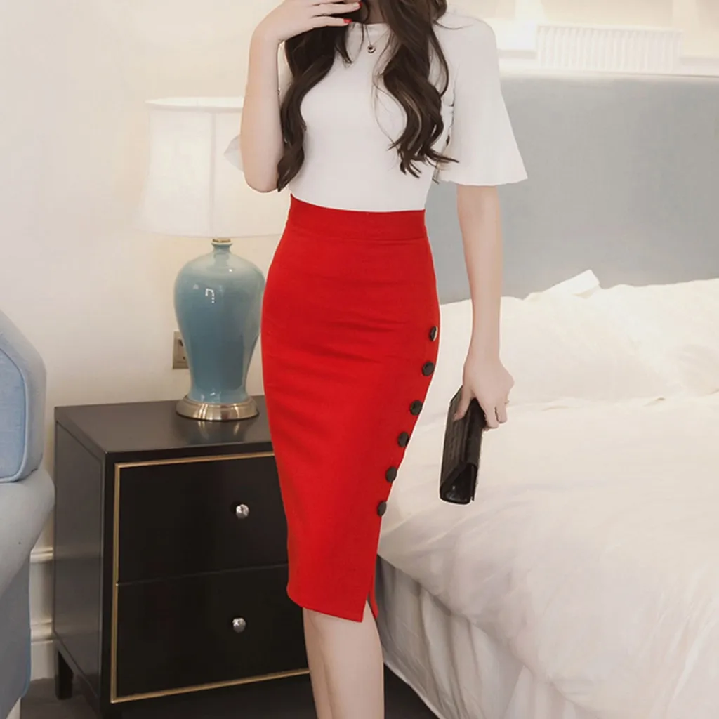 Women Skirts Plus Size Knee-Length Pencil Skirt Womens Pencil Skirt Ladies High Waisted Button Split Office Skirt Multiple Z326