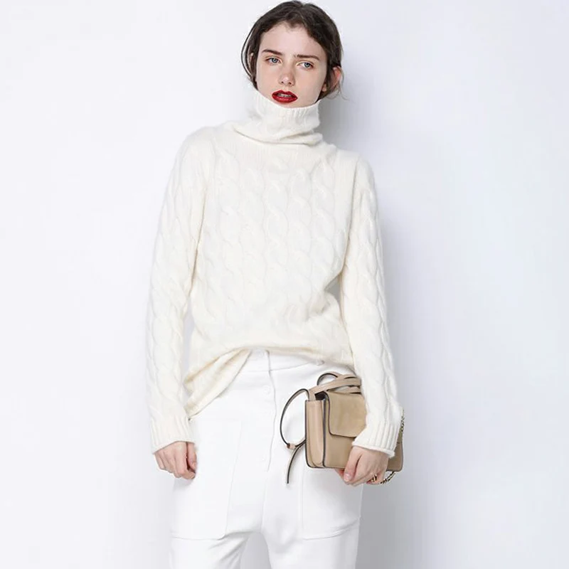 Best Pure Cashmere Pullover Sweater Women Autumn Winter High Quality Turtleneck Cable Knitted Soft Casual Bottom Shirt Pulls