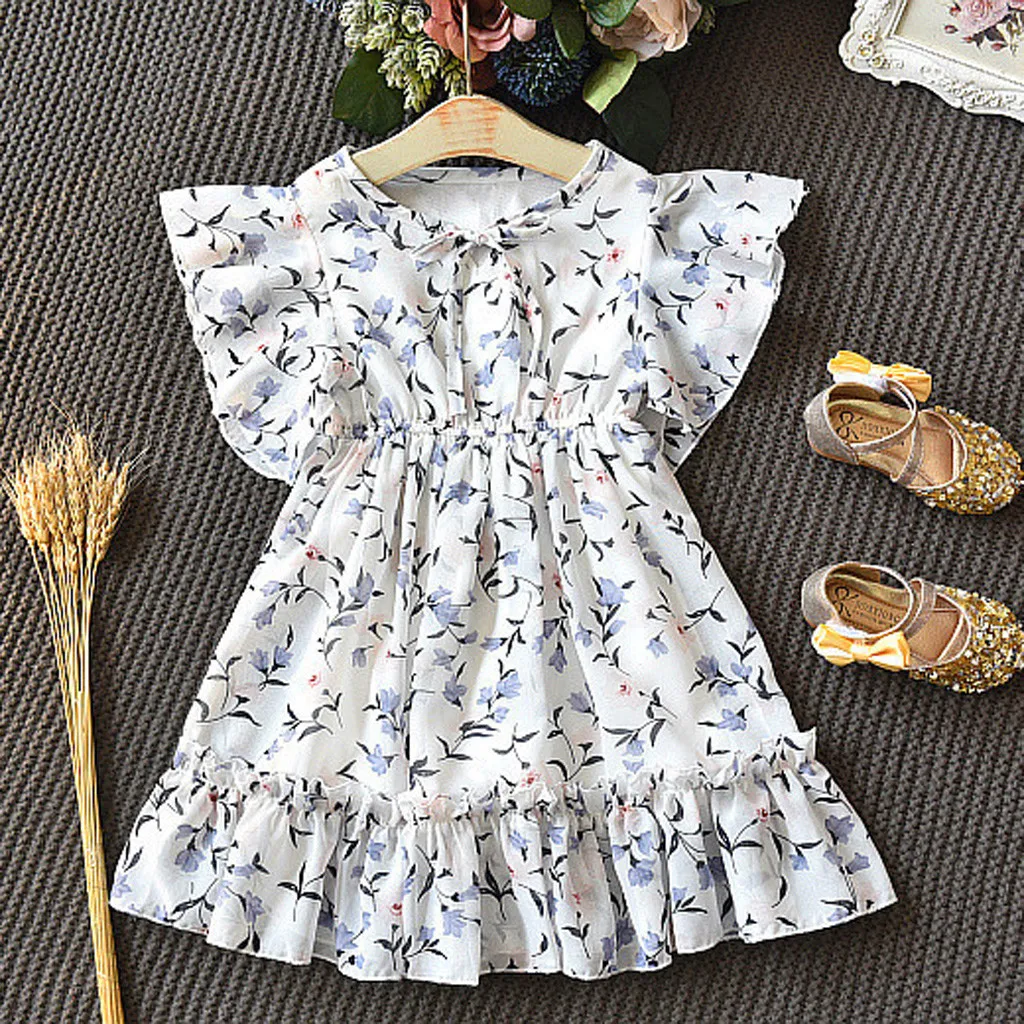 

2019 Girls Dresses Summer Kids Dress Girls Round Neck Fly Sleeve Ruched Floral Princess Toddler Baby Clothes Fit For 2~6 Years