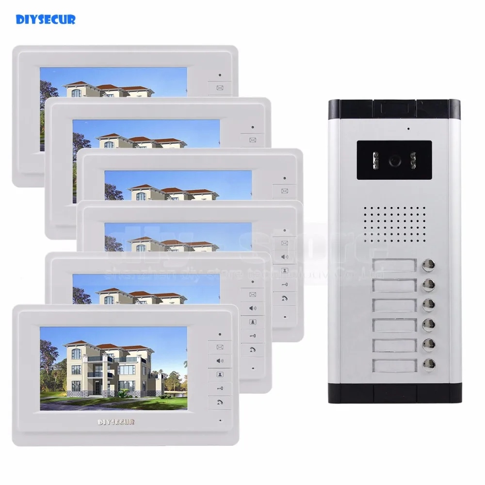 DIYSECUR 7\ 4-Wired Apartment Video Door Phone Audio Visual Intercom Entry System IR Camera For 6 Families DIYSECUR 7\ 4-Wired Apartment Video Door Phone Audio Visual Intercom Entry System IR Camera For 6 Families