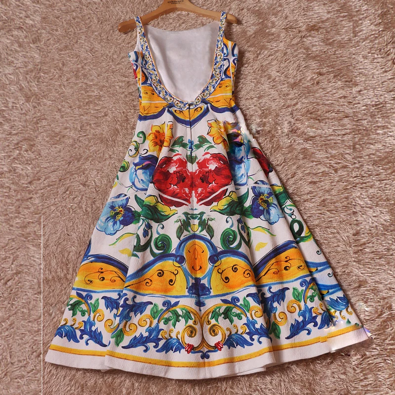 HIGH QUALITY Newest 2017 Designer Runway Dress Women S Sleeveless Retro Floral Printed Cotton Jacquard Backless