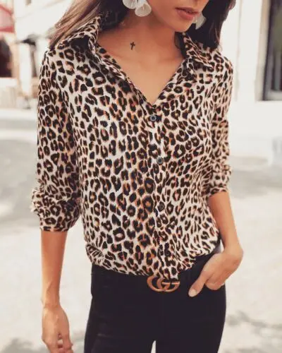 Fashion 2019 Women Sexy Leopard Print Button V-neck Casual Tops Long Sleeve Blouse Spring Autumn Shirts | Женская одежда