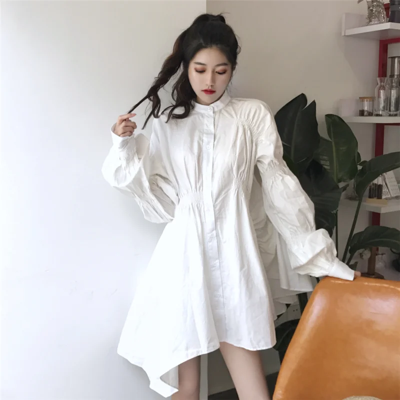 

Girls Cute Irregular Shirt Dress Stand Collar Slim Short lOOSE Dress Fashion Lantern Sleeve Casual White A Line Dress Vestidos