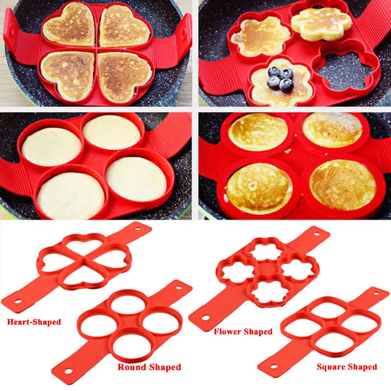 

4 Holes Nonstick Pancake Maker Molds Silicone Mold for frying Pan Round/Square/Heart/Flower Shape Mould DIY Cooking Gadgets