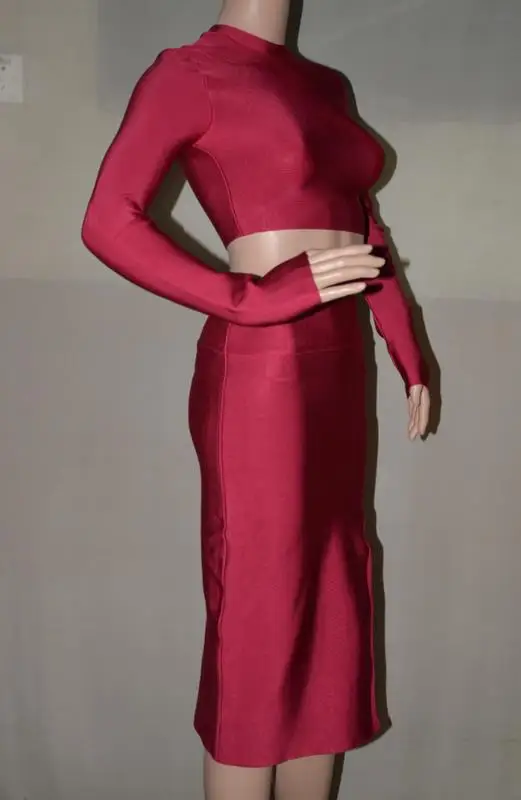 Женские новые красные бордовые с длинным рукавом, комплект из двух предметов, Сексуальные облегающие вечерние платья знаменитостей, клубные платья, Бандажное платье