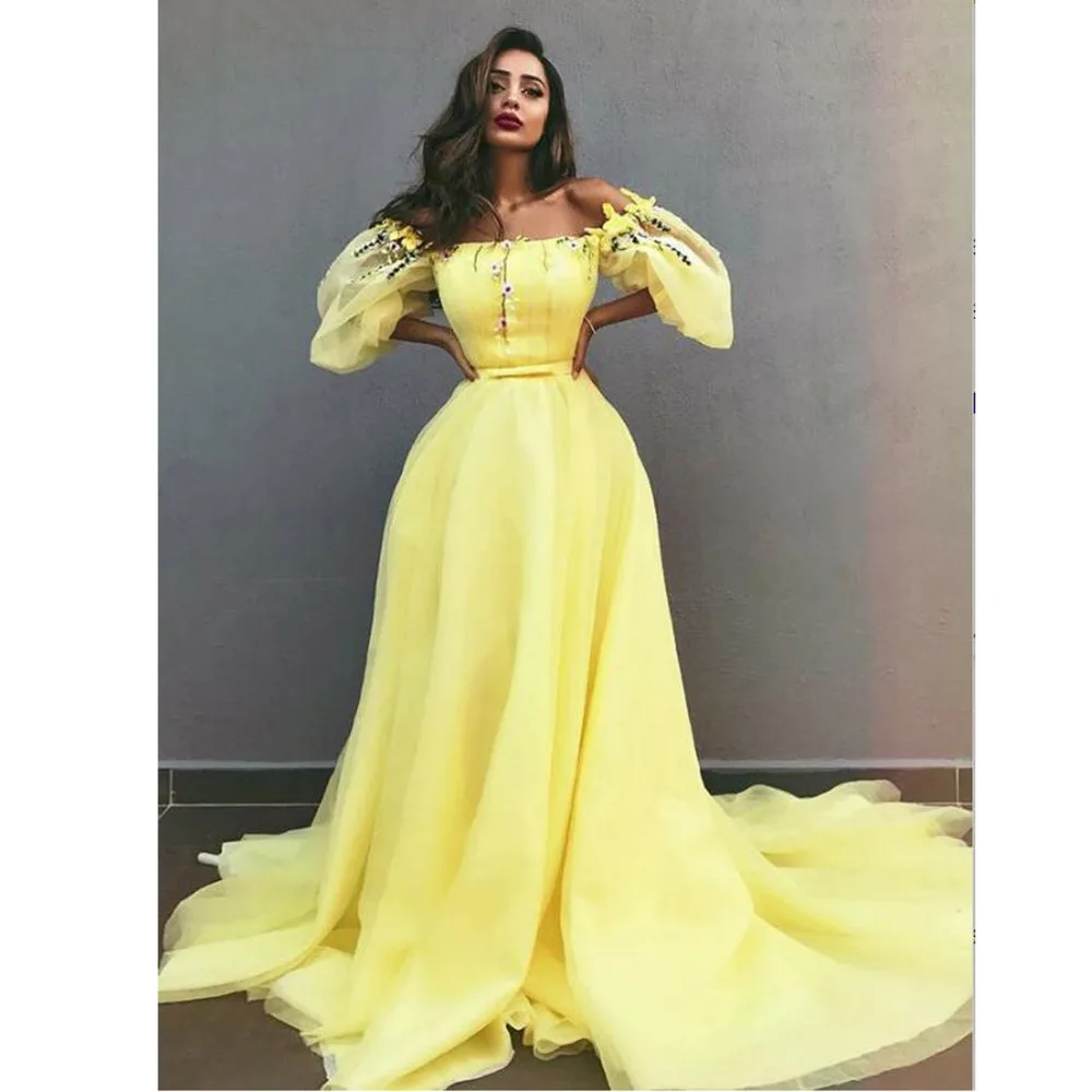 Красивые 2019 лимонно-желтые Цветочные Вечерние платья с пышными длинными рукавами модные трапециевидные вечерние Gows Slash Neck Off Shoulder
