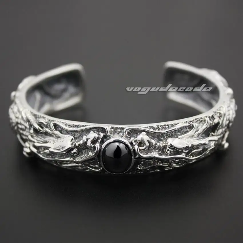 

Huge Heavy Solid 925 Sterling Silver Black CZ Mens Dragon Bangle 9B004