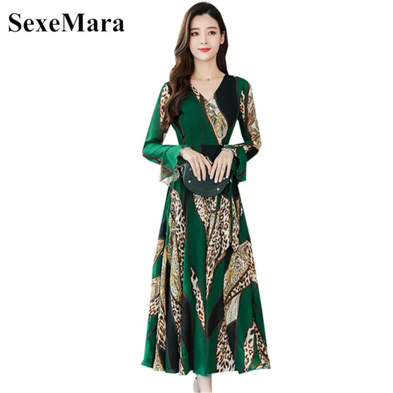 

Chiffon dress 2019 Korean version of the autumn new large size V-neck Slim waist printing long-sleeved dress runway vestidos