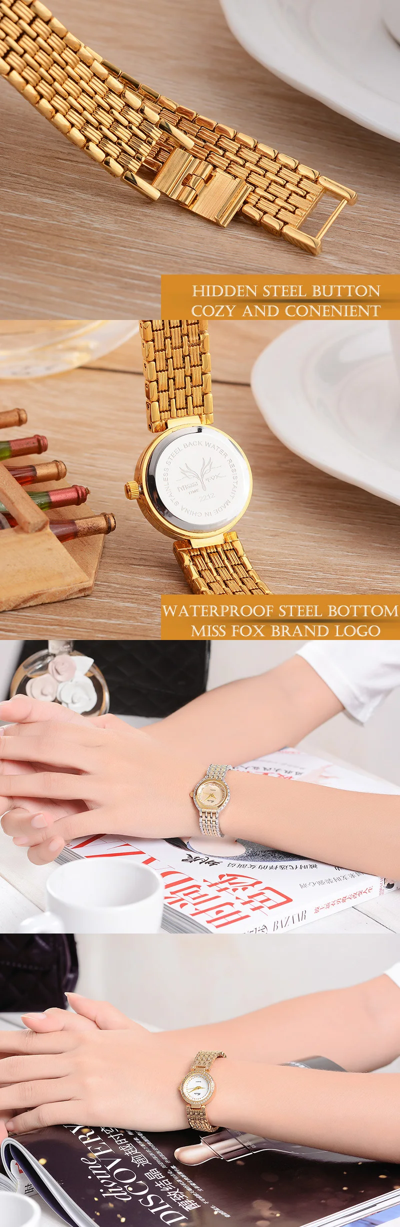 Beautiful Gold Watch Miss Fox Fashion Alloy Belt Stainless Steel Women Watches Small White Pink Gems Bracelet Clasp Stell Clocks (6)