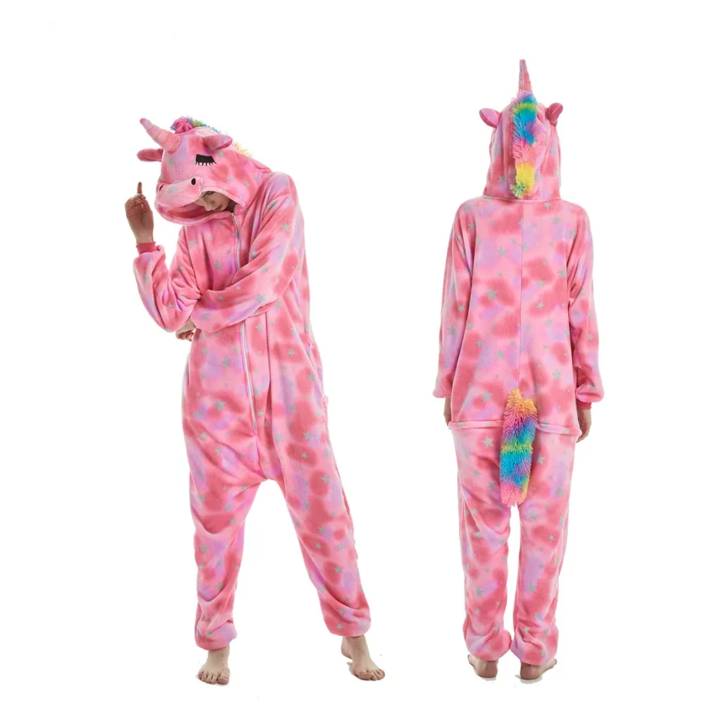 Beli Kartun Hewan Kigurumi Lengan Panjang Berkerudung Onesie Wanita Lucu Stitch Kucing Unicorn Panda Onsie Musim Dingin Homewear Onesies untuk Orang Dewasa