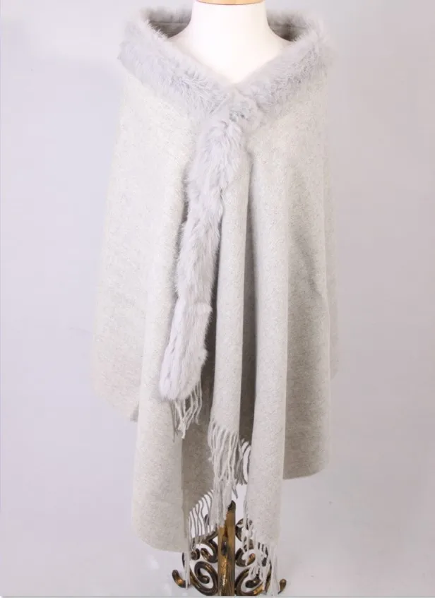 

Free Shipping Light gray Winter Fashion Ladies' 100% Wool Cashmere Rabbit Fur Shawl Scarf Thick Warm Wrap SY-1