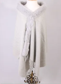 

Free Shipping Light gray Winter Fashion Ladies' 100% Wool Cashmere Rabbit Fur Shawl Scarf Thick Warm Wrap SY-1