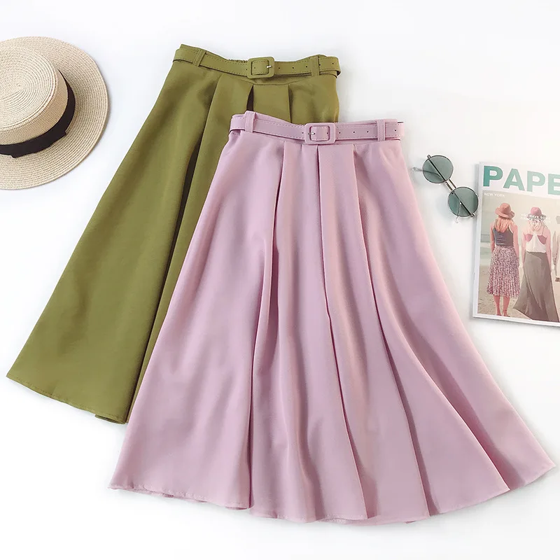 Винтажная плиссированная юбка с высокой талией и поясом для женщин, весна-лето, однотонные юбки до колена с эластичной резинкой на талии, Женская юбка в стиле Харадзюку