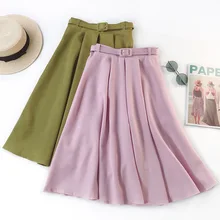 Винтажная плиссированная юбка с высокой талией и поясом для женщин, весна-лето, однотонные юбки до колена с эластичной резинкой на талии, Женская юбка в стиле Харадзюку