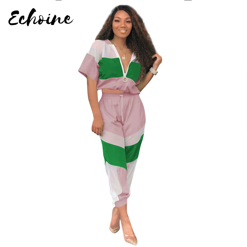

Echoine Summer Sexy Mesh Casual Sunscreen Tracksuit Women Short Sleeve Hooded Crop Tops Front Zipper Long Pants Sportwear S-XXL