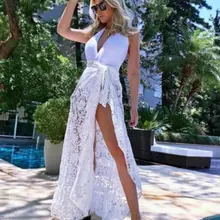 Новая женская сексуальная без рукавов с v-образным вырезом кружевная юбка с разрезом Повседневная однотонная свободное до щиколотки