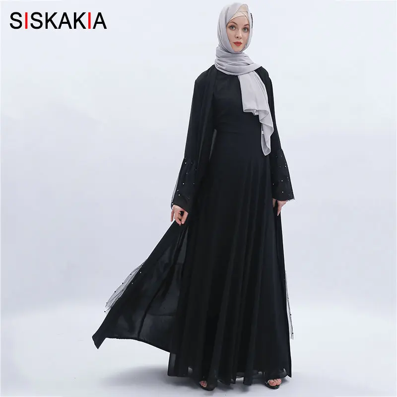 

Siskakia Muslim Women Open Abaya Elegant Black Beading Mesh Patchwork Flare Sleeve Cardigan Robes Autumn 2019 Arab Clothes