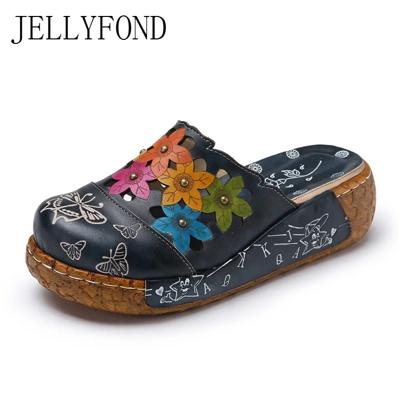 

Floral Stud Slippers Women Genuine Leather Platform Shoes Woman Handmade Slides Flip Flops Plus Size EU42 Zapatos Mujer