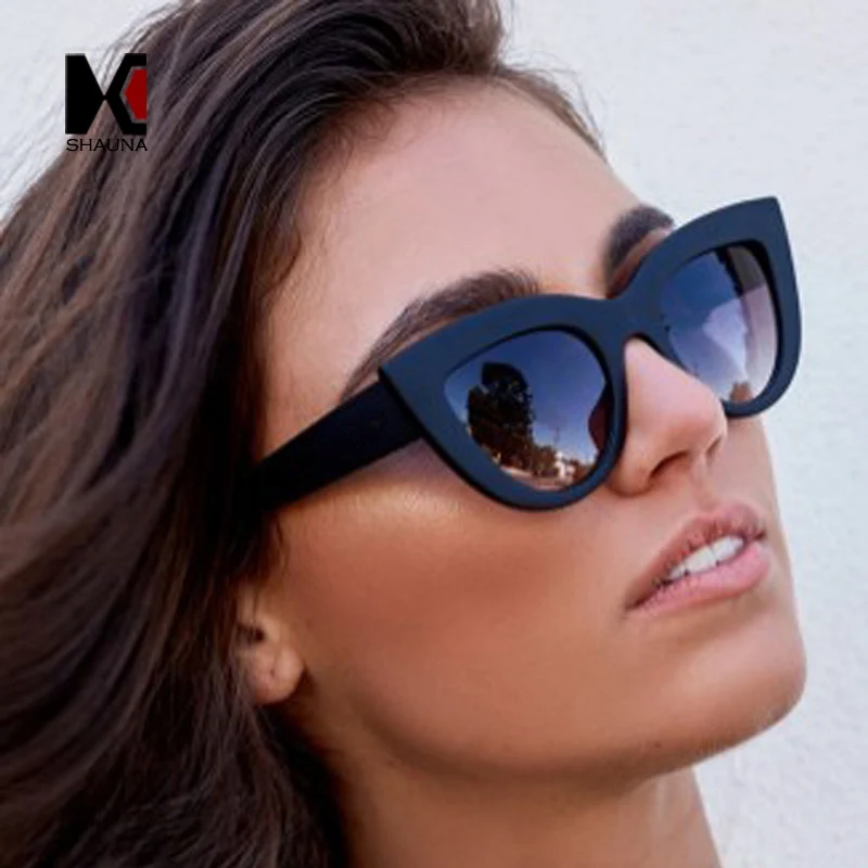 SHAUNA Classic Women Cat Eye Sunglasses Retro Ladies Black Frame Blue Reflective Lens Glasses