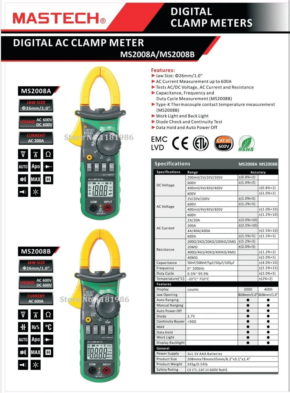 MASTECH MS2008B 3999 отсчетов 600A Профессиональные Цифровые токоизмерительные клещи переменного тока/AC Вольт тока рез Кепки темп частота токовые клещи