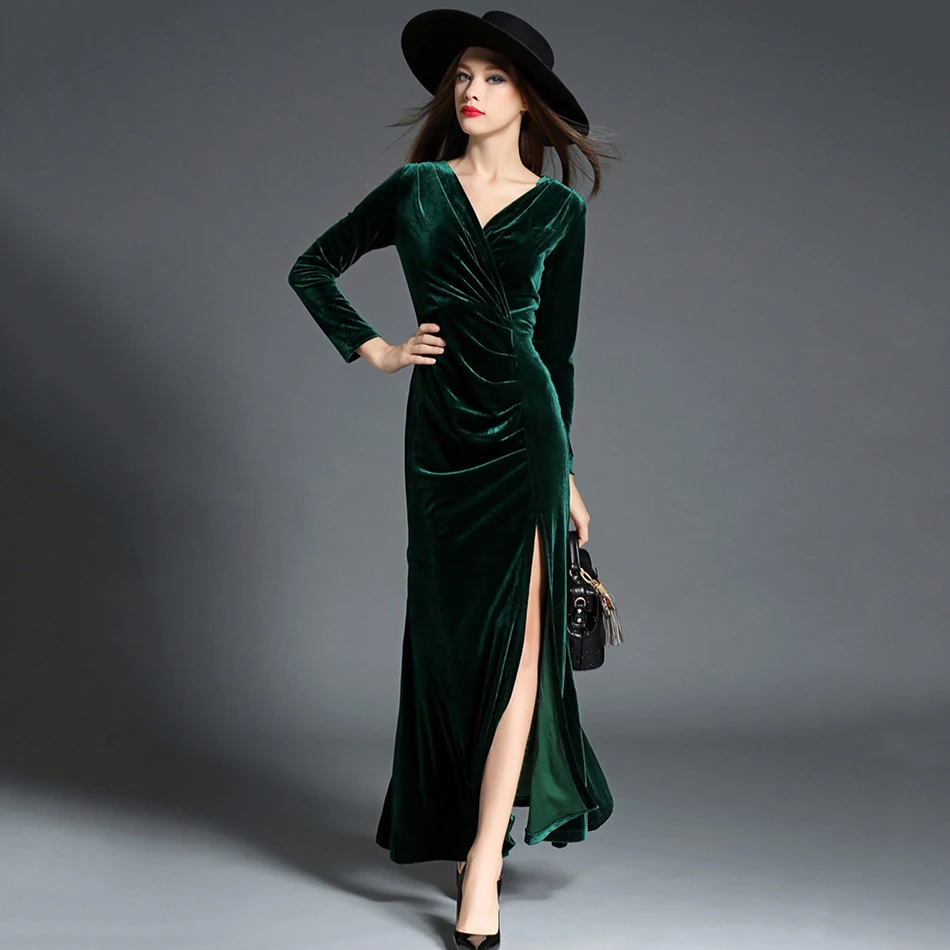 Robe Longue Femme Soiree женское платье, зимнее женское винтажное бархатное платье с длинным рукавом зеленого и красного цвета, Сексуальные вечерние платья макси