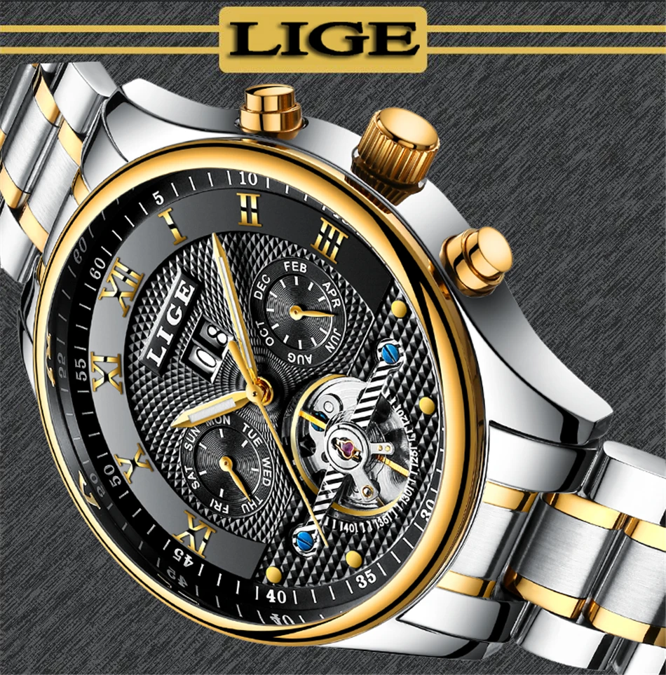 LIGE Fashion Sports Watch Men Business Leather Clock Mens Watches Top Brand Luxury Automatic Mechanical Watch Relogio Masculino