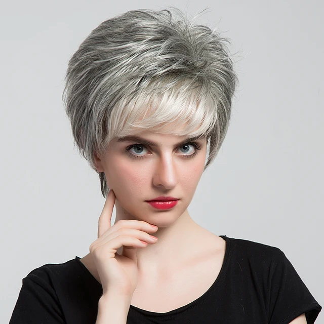 Blonde Unicorn 6 Short Synthetic Grey Hair Fake Wig With Side Bangs Blonde Unicorn 6 Short Synthetic Grey Hair Fake Wig With Side Bangs Dark Root Ombre