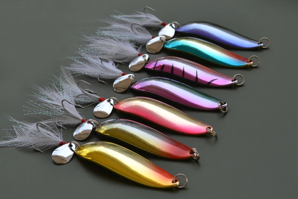 7PCS Fishing Fish Spoon Lure Treble Feather Hook Spinner baits 14g Free