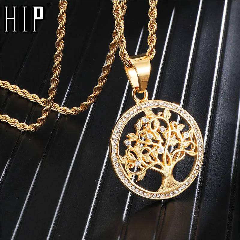

HIP Hop iced Out Bling Stainless Steel Tree of Life Wisdom Tree Pendants & Necklaces for Men Jewelry Dropshipping Gold Color