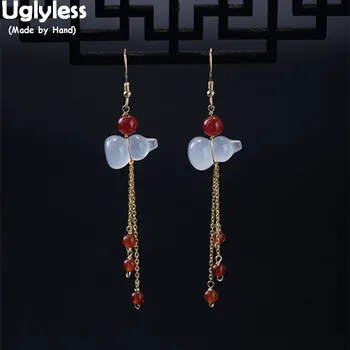

Uglyless 100% Real 925 Sterling Silver Ethnic Tassels Earrings for Women Chains Agate Dangle Earrings Chalcedony Gourd Brincos