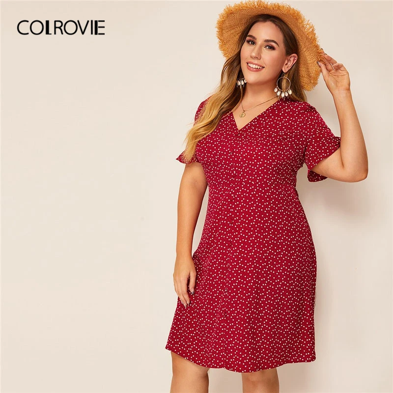 

COLROVIE Plus Size Burgundy V Neck Heart Print Ruffle Cuff Button Up Boho Midi Dress Women 2019 Summer Holiday Beach Dresses
