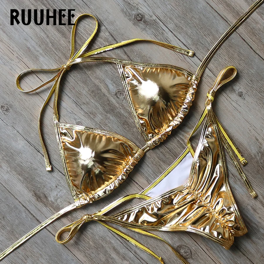 RUUHEE 2017 Swimwear Women Swimsuit Sexy Bikini Low Waist Bathing Suit Bikini Set Metal color Female Thong Beachwear With Pad