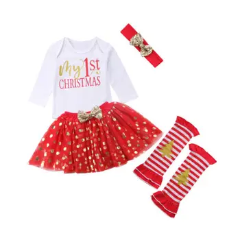 

Red Christmas Dress Set Girls Newborn Baby Girl My 1st Xmas Romper Sequins Dot Dress Leg Warmers Outfits