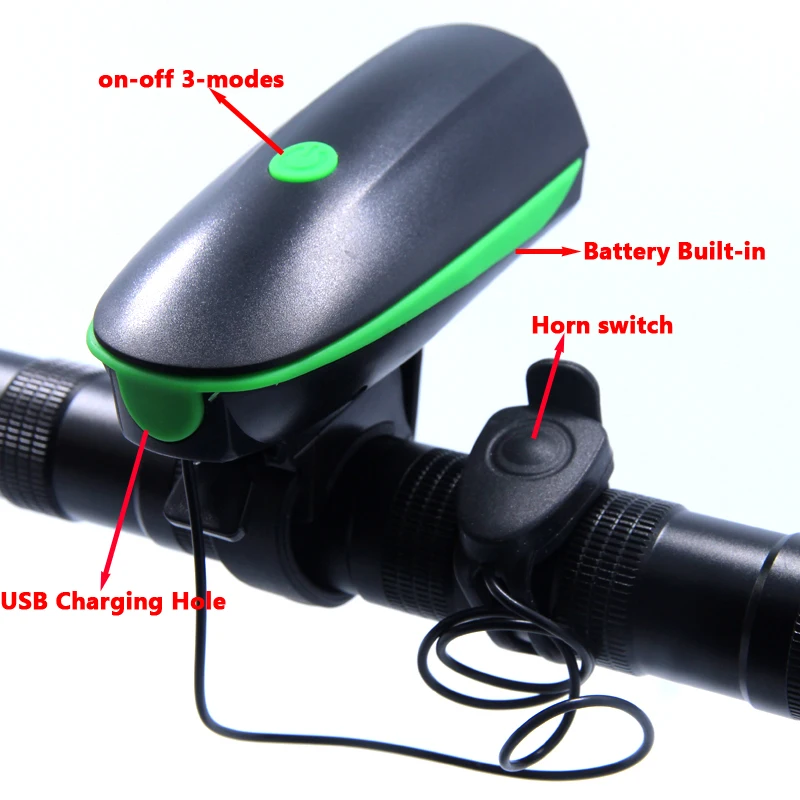 2 IN 1 LED Bike Light With electric Bell trembler buzzers horn switch Cycling Bicycle Lamp Battery Built-in USB Charging