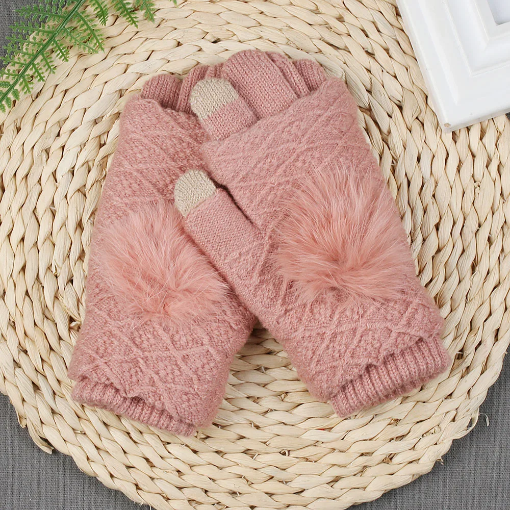 

Detachable Dual Layer Winter Gloves Womens Warm Pompoms Fur Ball Fingerless Glove Touchscreen Mittens Knit Wool Gloves