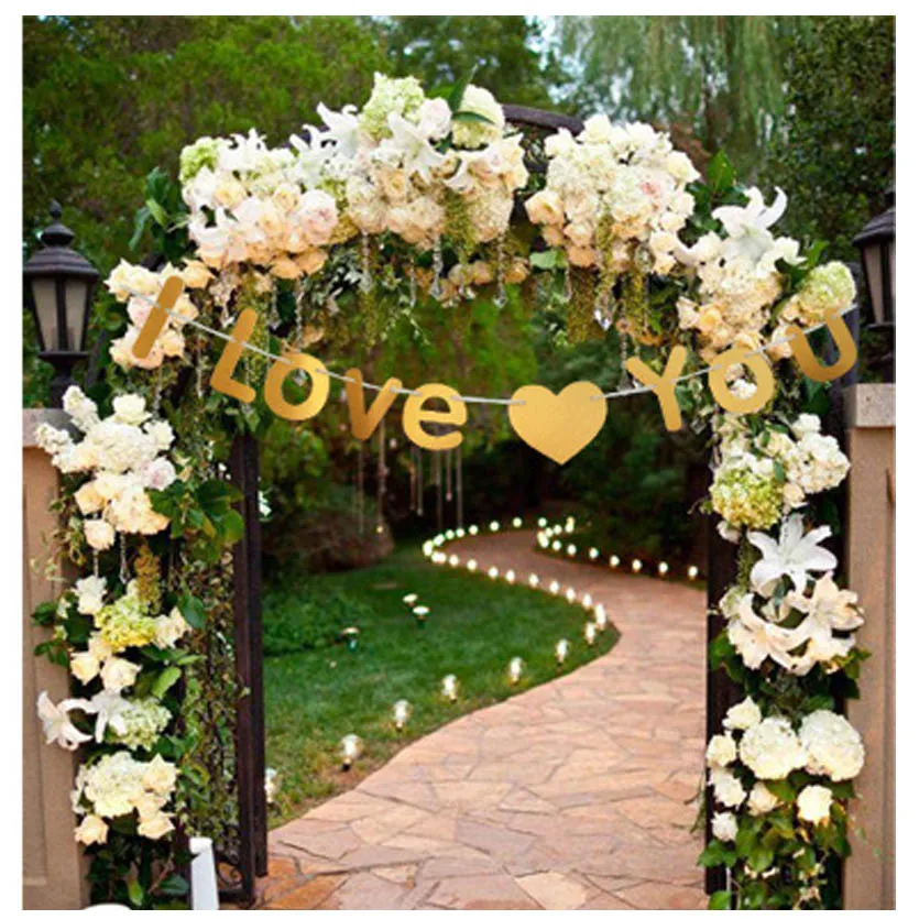 

1PCS Bunting ' I Love You ' ' Just Married' Letter Lahua Wedding Room Decoration Party Wall Deco Banner 3M Length Golden Paper