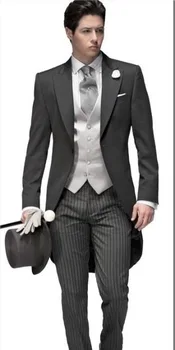 

Slim Fit Groom Tuxedo Morning Style Groomsmen Peak Lapel Wedding Dinner Suits Man Blazer Stripe Pants 2018 (Jacket+Pants+Vest)