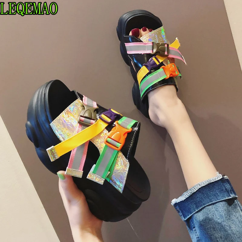 

high fashion womens heeled colorful buckle slides new 2019 summer hot mix color thick bottom wedge slippers sandals mujer