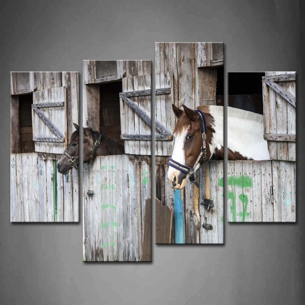 

4 Panels Unframed Wall Art Pictures Horses Stable Canvas Print Artwork Modern Animal Posters For Living Room Decor