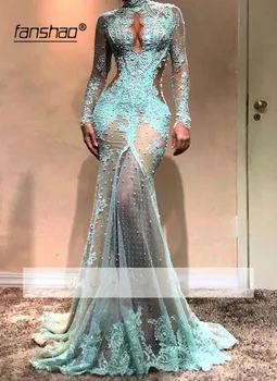 

2019 Muslim Evening Dresses Mermaid Long Sleeves Illusion vestidos de festa Dubai Saudi Arabic Evening Gown Prom Dress