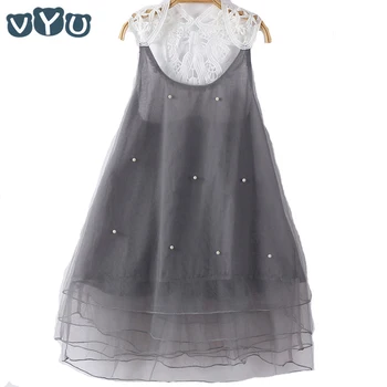 

VYU girls dress summer 2019 mesh pearl sleeveless children's dress lace stitching O-neck knee sweet princess dress 2~12Y